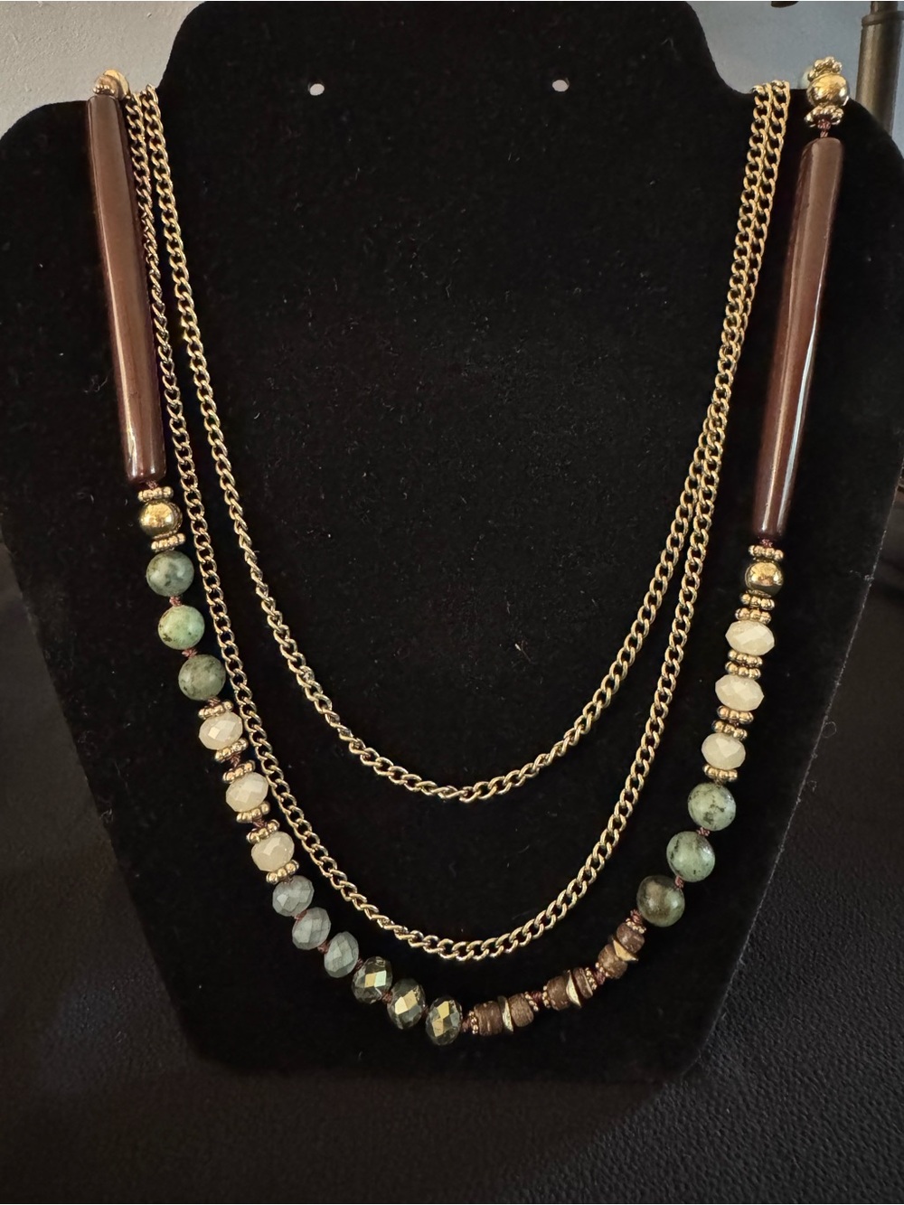 Boho Layered Brass Chain & Glass Bead Necklace - 34”